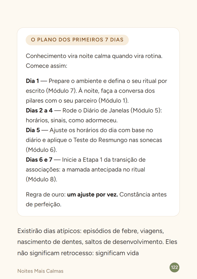 Página da cartilha com o plano dos primeiros sete dias, um ajuste por noite
