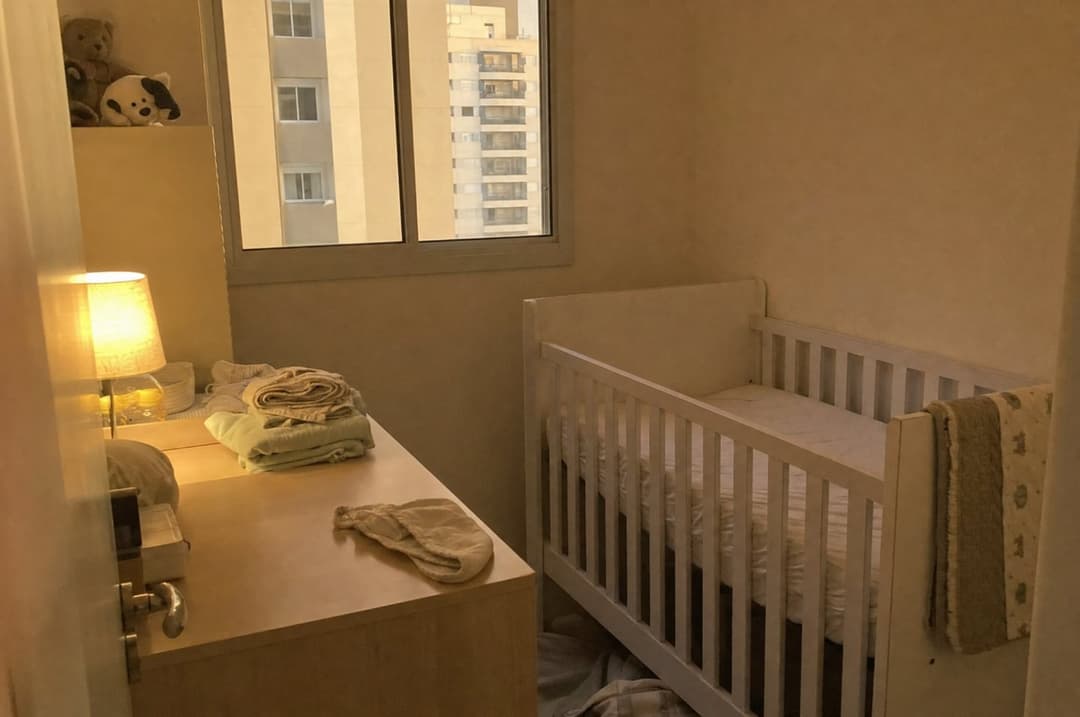 Quarto de bebê no fim da tarde: a luz da janela já baixa e o abajur de luz quente aceso na cômoda